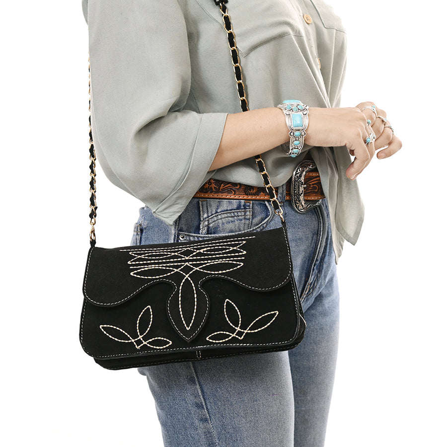 American Darling Boot Stitched Genuine Suede Leather Small Cross body Bag, Genuine Leather Western Purse with YKK Zipper