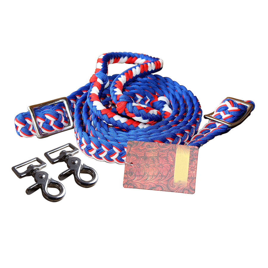 1" X 8Ft Hilason Braided Poly Horse Barrel Reins Flat with Easy Grip Knots Snaps - Uhorse
