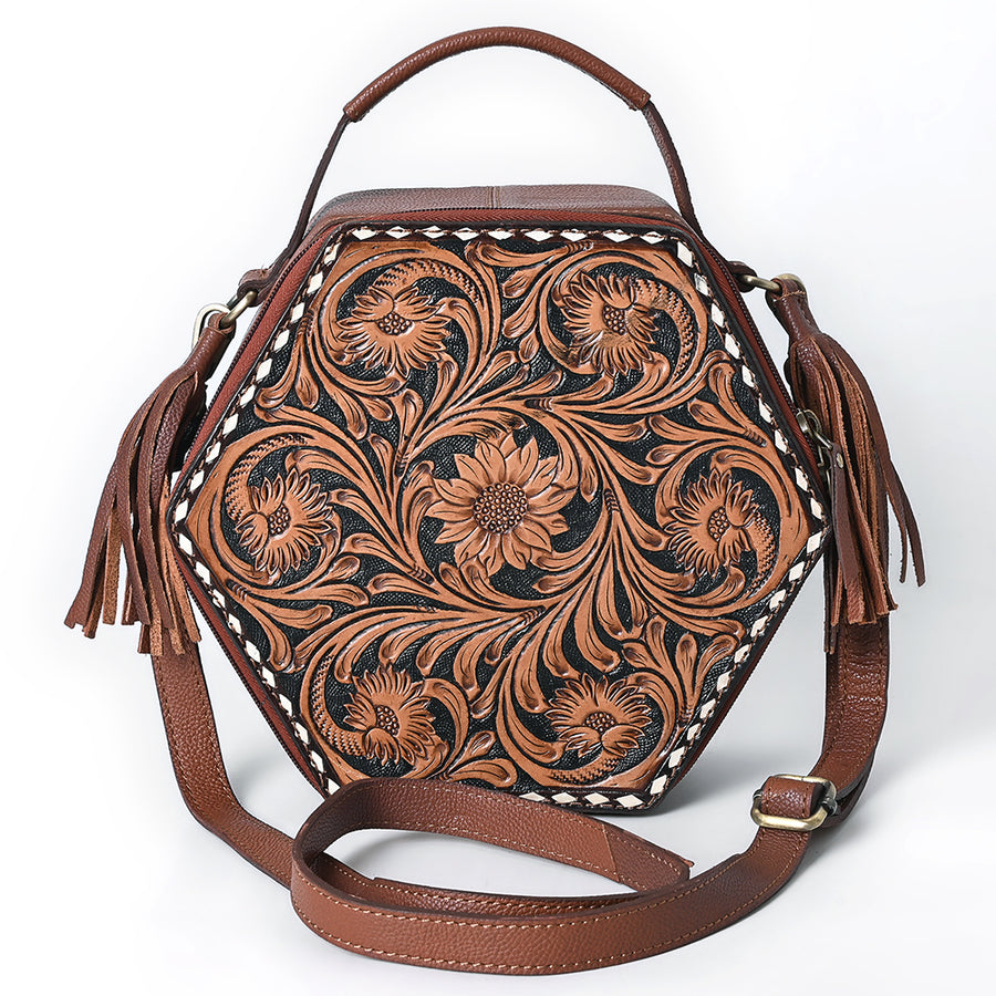 American Darling Hand Tooled Floral Carved Genuine Leather Canteen Bag Tassels Buck Stitched Western Purse YKK Zipper
