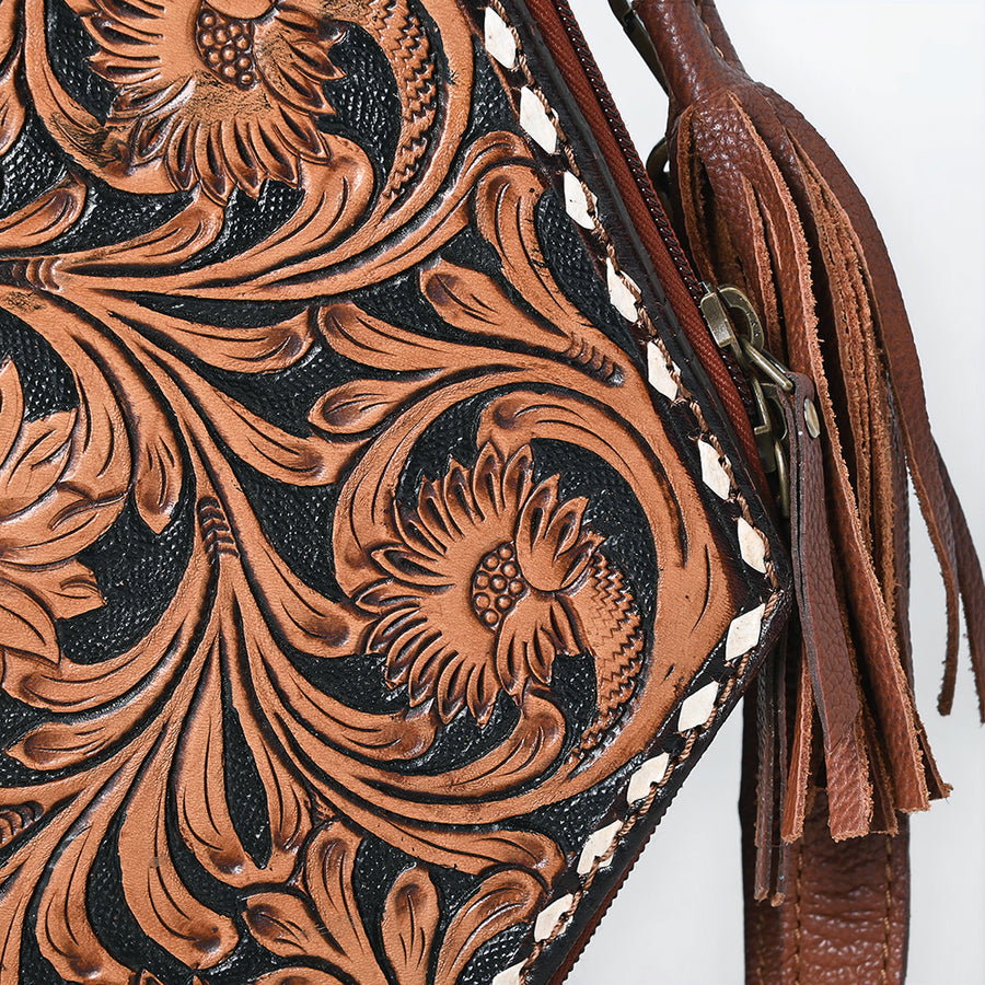 American Darling Hand Tooled Floral Carved Genuine Leather Canteen Bag Tassels Buck Stitched Western Purse YKK Zipper