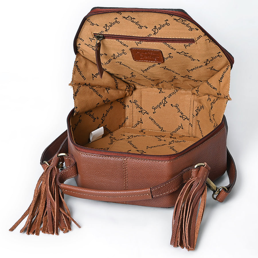 American Darling Hand Tooled Floral Carved Genuine Leather Canteen Bag Tassels Buck Stitched Western Purse YKK Zipper
