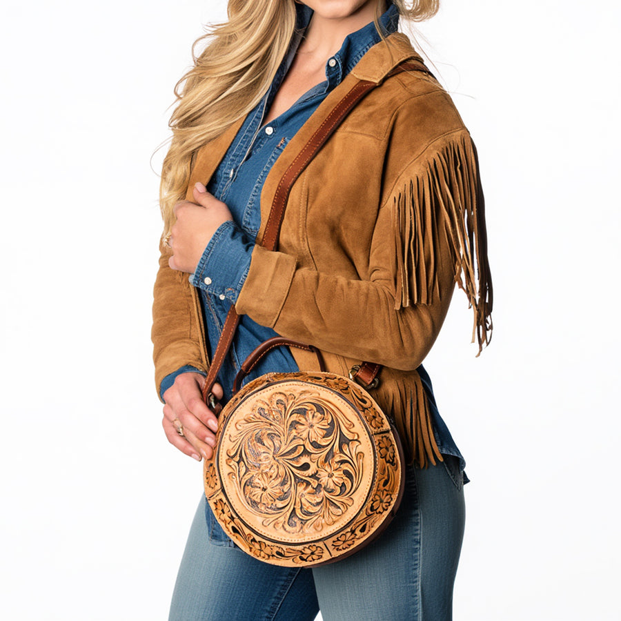 American Darling Hand Tooled Floral Carved Genuine Leather Canteen Bag Western Purse with YKK Zipper