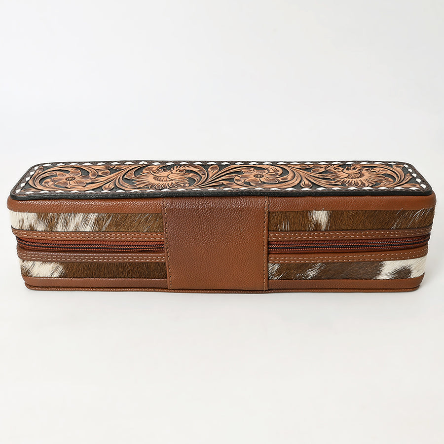 American Darling Hand Tooled Floral Carved Hair-On Cowhide Hair Accessories Bag Genuine Leather Western Organizer YKK Zipper
