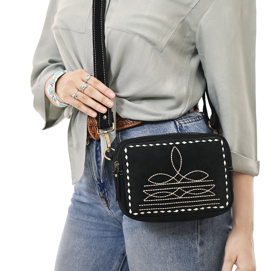 American Darling Boot Stitched Suede Leather Camera Bag Genuine Western Crossbody Purse with YKK Zipper