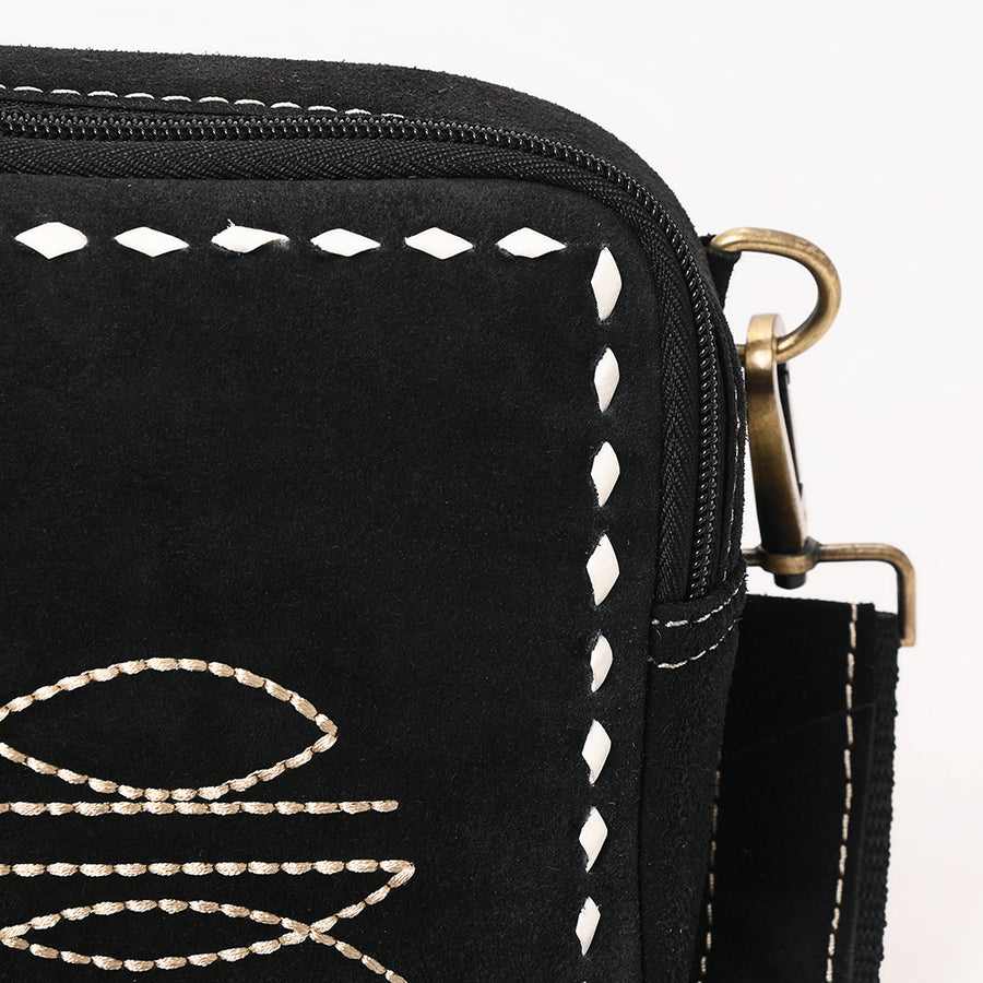 American Darling Boot Stitched Suede Leather Camera Bag Genuine Western Crossbody Purse with YKK Zipper
