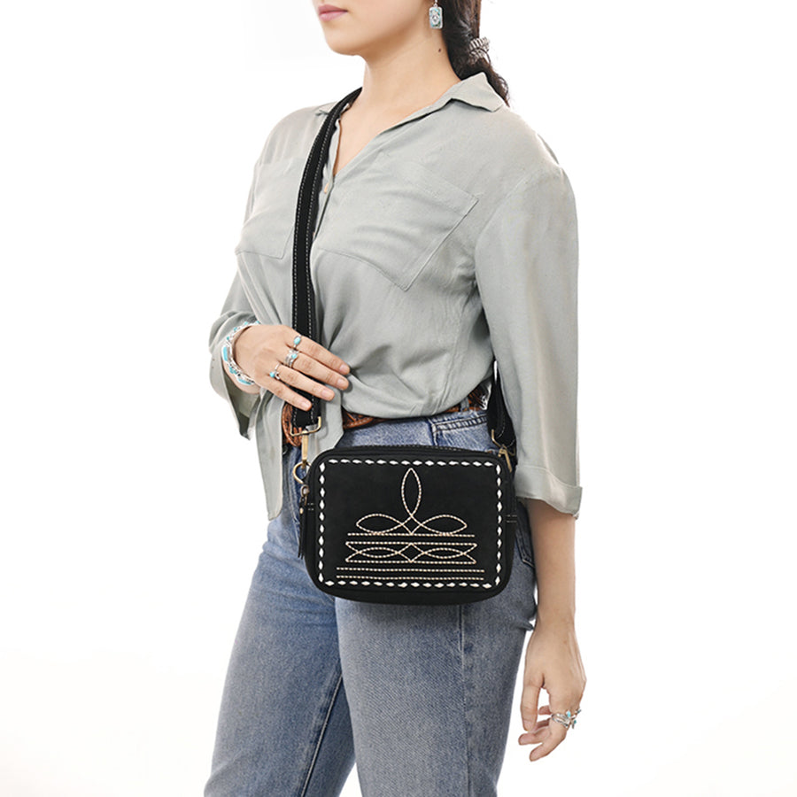 American Darling Boot Stitched Suede Leather Camera Bag Genuine Western Crossbody Purse with YKK Zipper