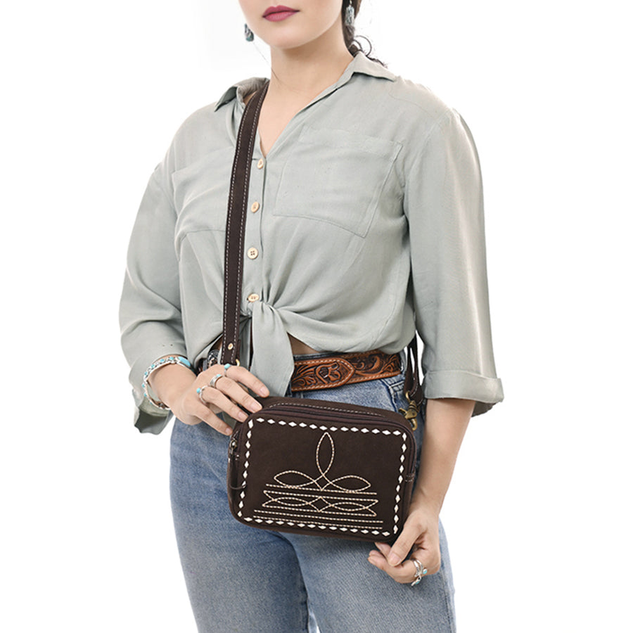 American Darling Boot Stitched Suede Leather Camera Bag Genuine Western Crossbody Purse with YKK Zipper