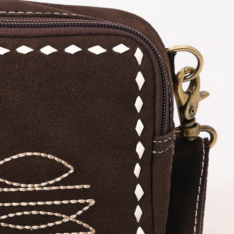 American Darling Boot Stitched Suede Leather Camera Bag Genuine Western Crossbody Purse with YKK Zipper