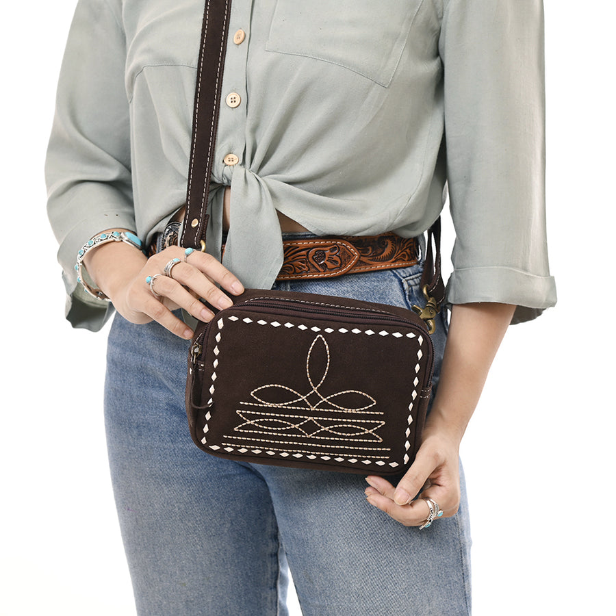 American Darling Boot Stitched Suede Leather Camera Bag Genuine Western Crossbody Purse with YKK Zipper