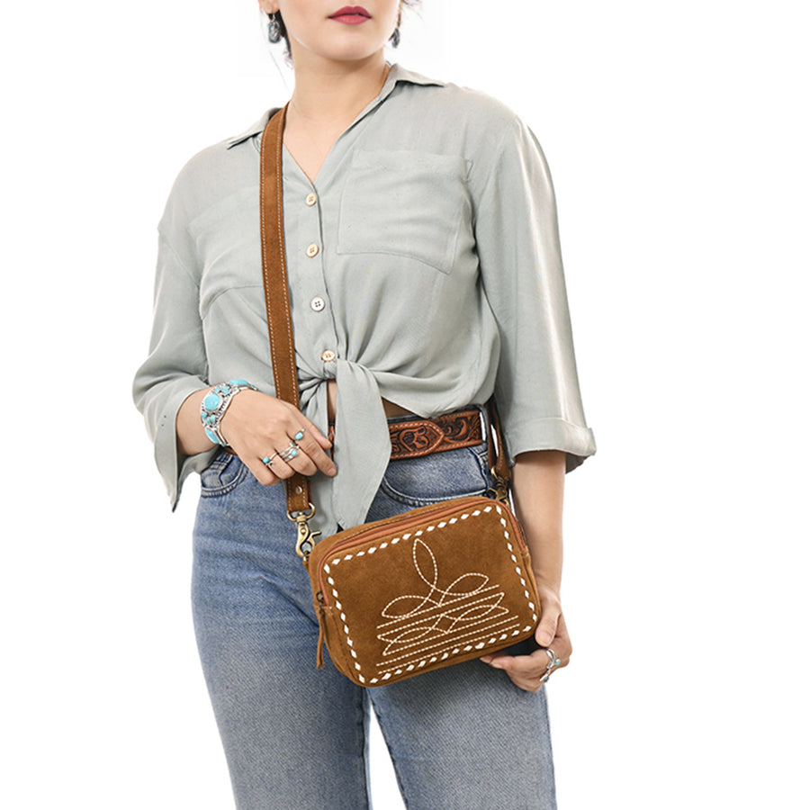 American Darling Boot Stitched Suede Leather Camera Bag Genuine Western Crossbody Purse with YKK Zipper