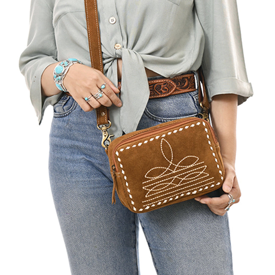 American Darling Boot Stitched Suede Leather Camera Bag Genuine Western Crossbody Purse with YKK Zipper