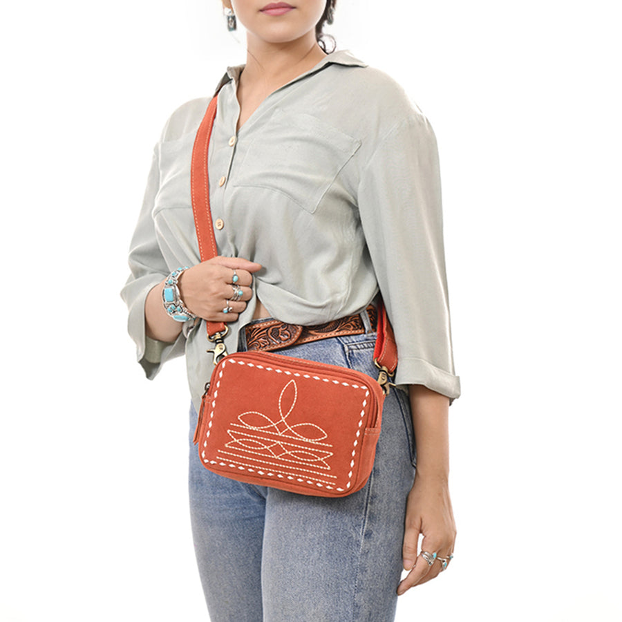 American Darling Boot Stitched Suede Leather Camera Bag Genuine Western Crossbody Purse with YKK Zipper