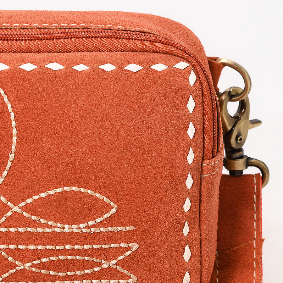 American Darling Boot Stitched Suede Leather Camera Bag Genuine Western Crossbody Purse with YKK Zipper
