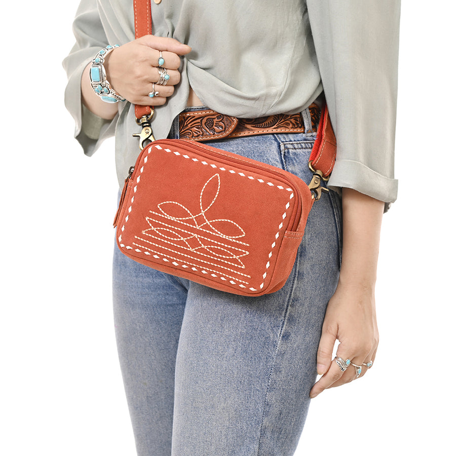American Darling Boot Stitched Suede Leather Camera Bag Genuine Western Crossbody Purse with YKK Zipper