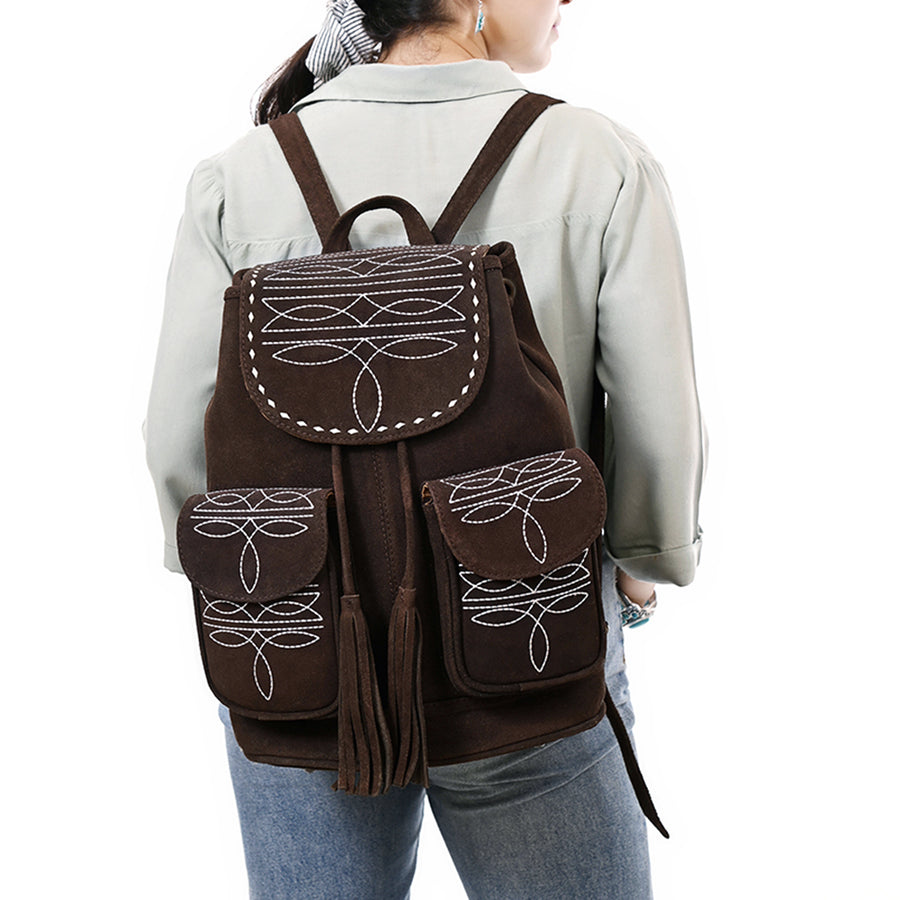American Darling Western Genuine Suede Leather Backpack Bag with Buck Stitching Tassels Boot-Stitched Design & Full-Grain Eco-Friendly Leather 16in X 15in X 6in