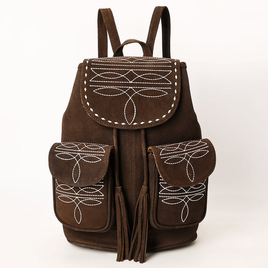American Darling Western Genuine Suede Leather Backpack Bag with Buck Stitching Tassels Boot-Stitched Design & Full-Grain Eco-Friendly Leather 16in X 15in X 6in