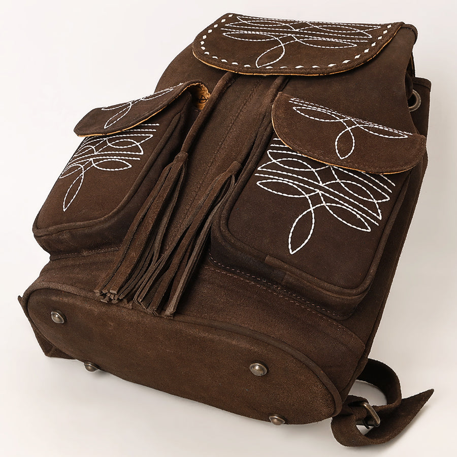 American Darling Western Genuine Suede Leather Backpack Bag with Buck Stitching Tassels Boot-Stitched Design & Full-Grain Eco-Friendly Leather 16in X 15in X 6in