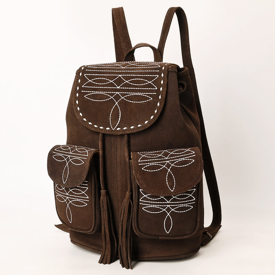 American Darling Western Genuine Suede Leather Backpack Bag with Buck Stitching and Tassel Accents - Uhorse