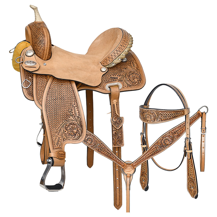 HILASON W. H. Floral Ranch Roping American Leather Saddle Set Tan – by Hilason – Cowboy and equestrian accessories