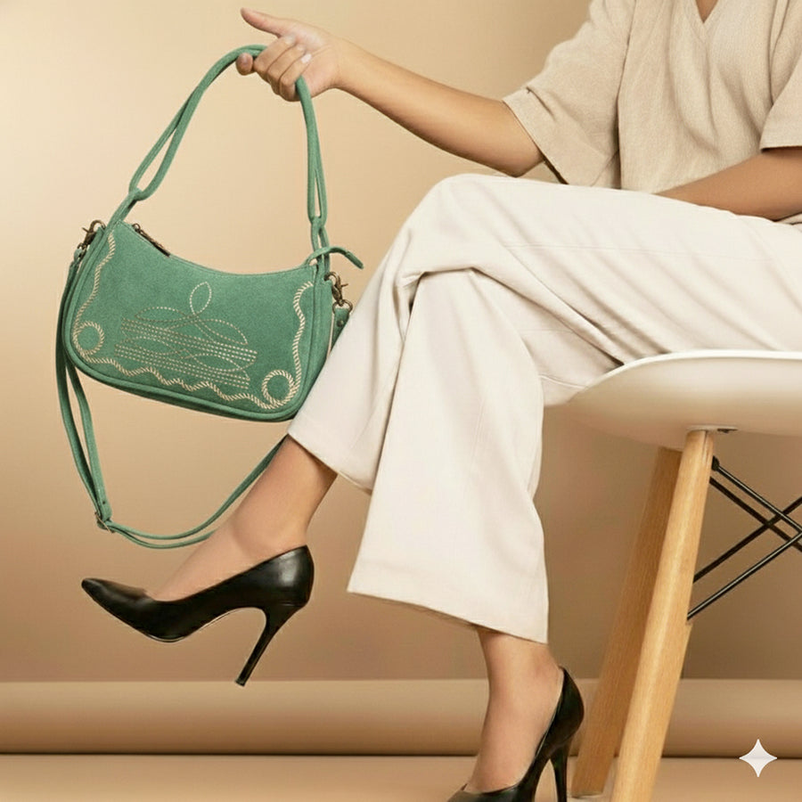 American Darling Boot Stitched Vegetable-Tanned Full Grain Genuine Suede Leather Cross body Bag Green