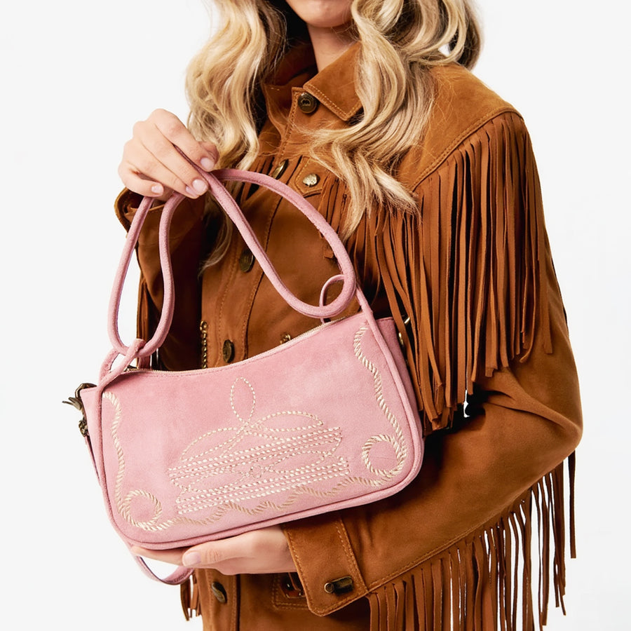 American Darling Boot Stitched Vegetable-Tanned Full Grain Genuine Suede Leather Cross body Bag Pink