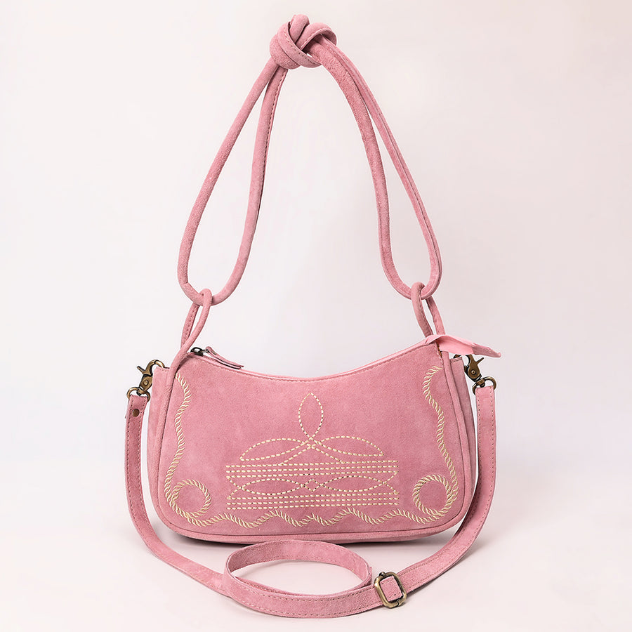 American Darling Boot Stitched Vegetable-Tanned Full Grain Genuine Suede Leather Cross body Bag Pink