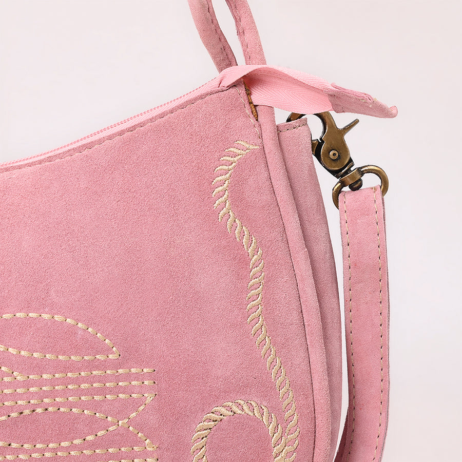 American Darling Boot Stitched Vegetable-Tanned Full Grain Genuine Suede Leather Cross body Bag Pink