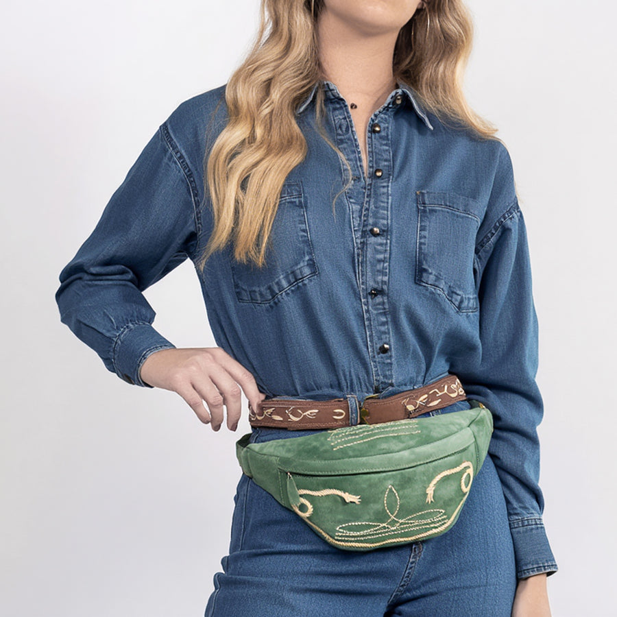 American Darling Genuine Vegetable-Tanned Leather Fanny Pack Crossbody with Western Boot Stitch Embroidery