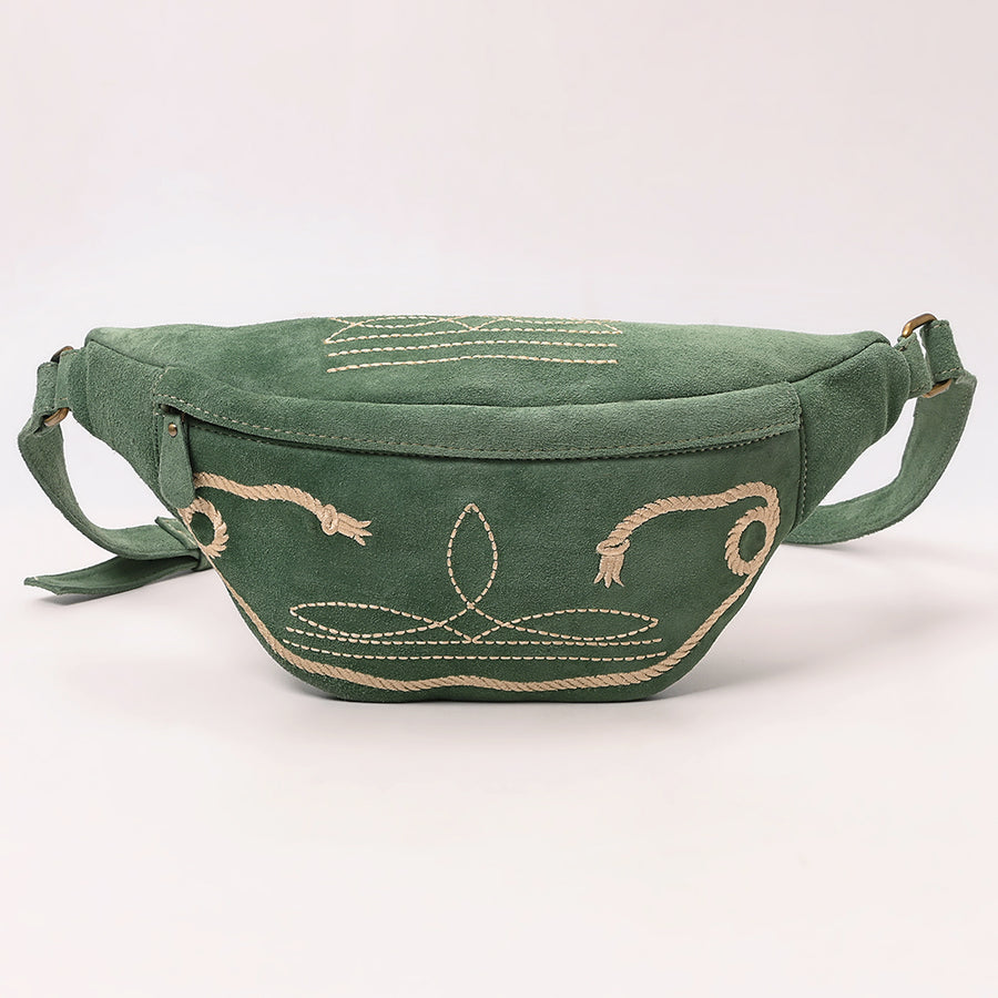 American Darling Genuine Vegetable-Tanned Leather Fanny Pack Crossbody with Western Boot Stitch Embroidery