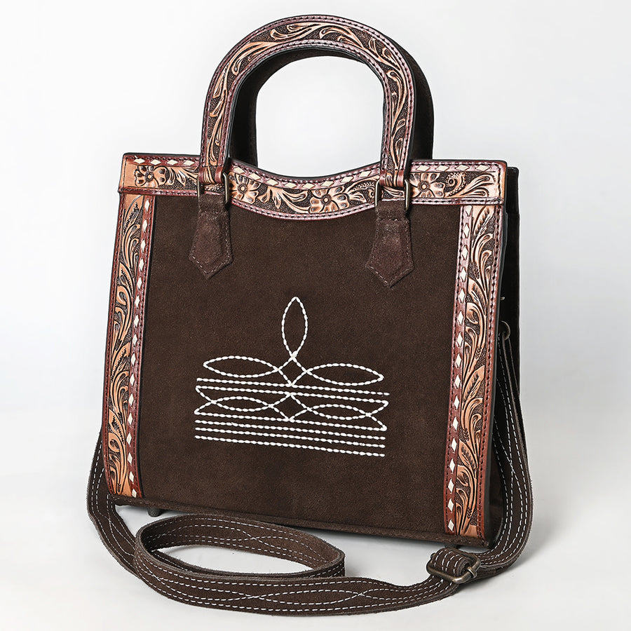 American Darling Western Leather Tote Bag with Hand-Tooled Accents and Genuine Suede Body - Uhorse