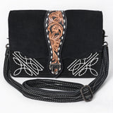 American Darling Black Western Leather Cross Body Bag – Hand-Tooled Accent Strap, Premium Genuine Suede Leather, Compact Everyday Crossbody Purse