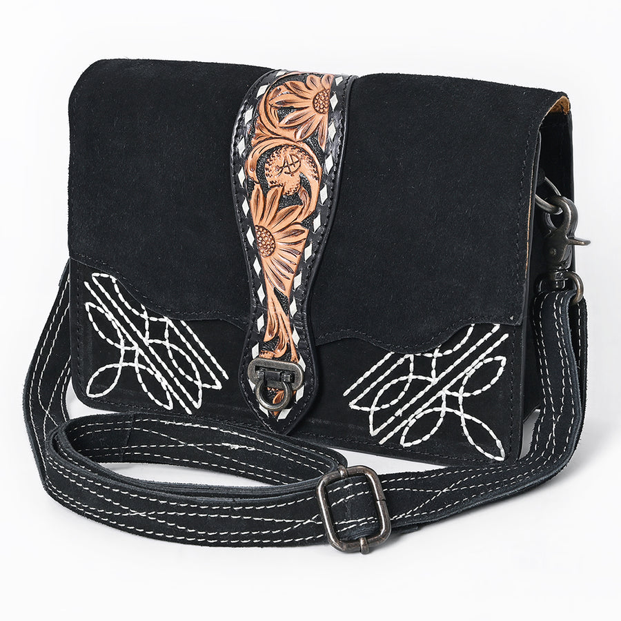 American Darling Black Western Genuine Suede Leather Cross Body Bag Hand-Tooled with Adjustable Strap - Uhorse