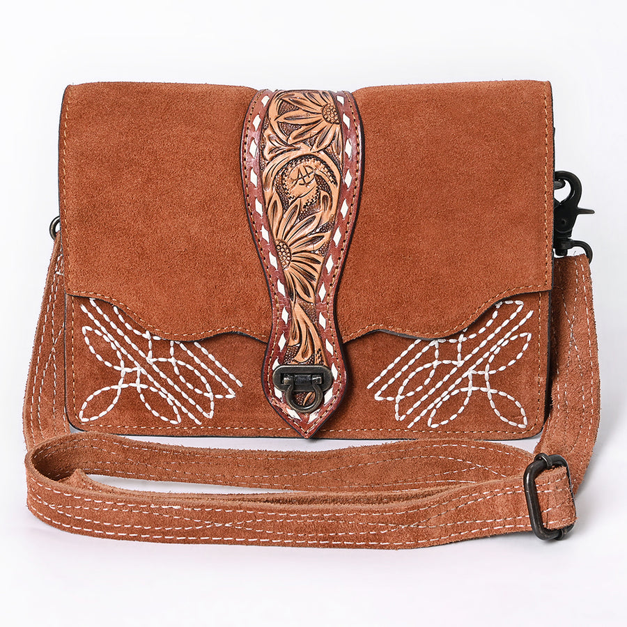 American Darling Black Western Leather Cross Body Bag – Hand-Tooled Accent Strap, Premium Genuine Suede Leather, Compact Everyday Crossbody Purse