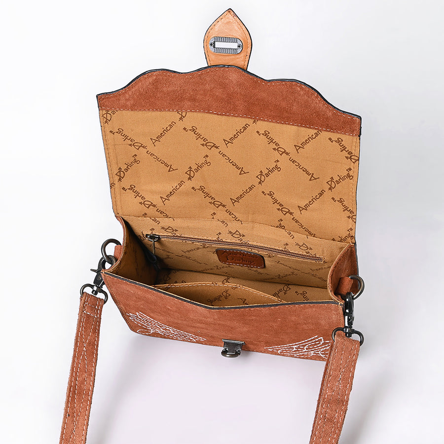 American Darling Black Western Leather Cross Body Bag – Hand-Tooled Accent Strap, Premium Genuine Suede Leather, Compact Everyday Crossbody Purse