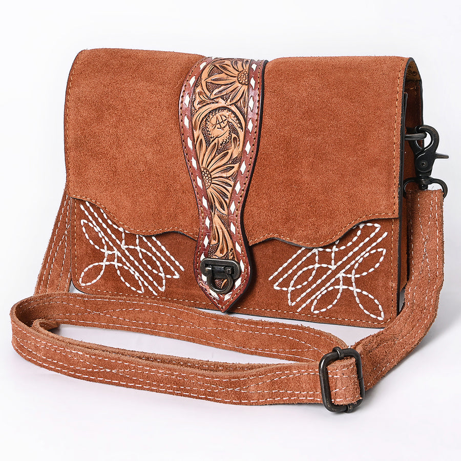 American Darling Western Leather Cross Body Bag with Genuine Suede Body and Hand-Tooled Accent Strap - Uhorse