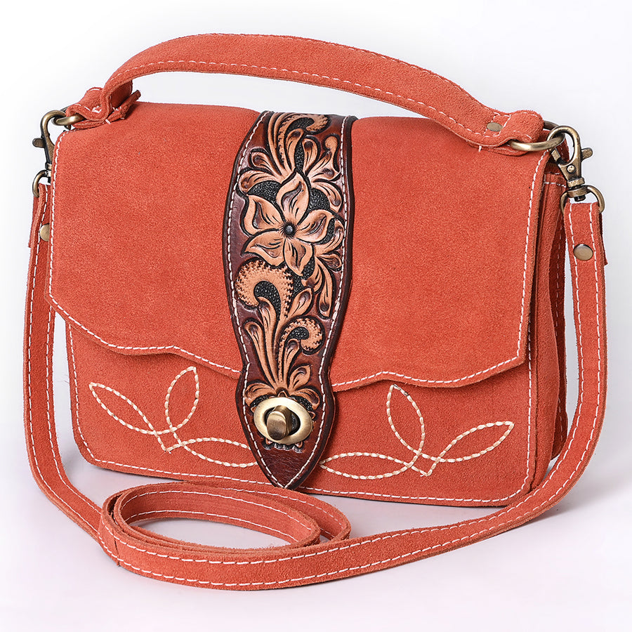 American Darling Hand Tooled Floral Carved Genuine Suede Leather Cross body Bag - Uhorse