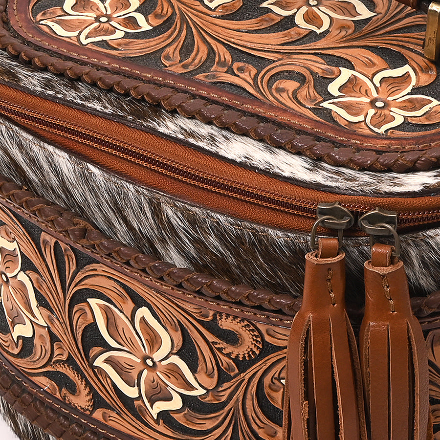 American Darling Hand Tooled Floral Carved Hair-On Cowhide Cross body Bag Genuine Leather Western Purse with YKK Zipper