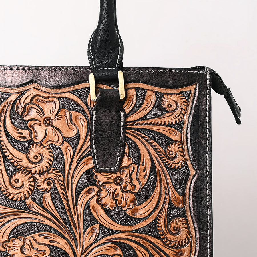 American Darling Hand Tooled Floral Carved Vegetable-Tanned Full Grain Genuine Leather Tote Bag with YKK Zipper
