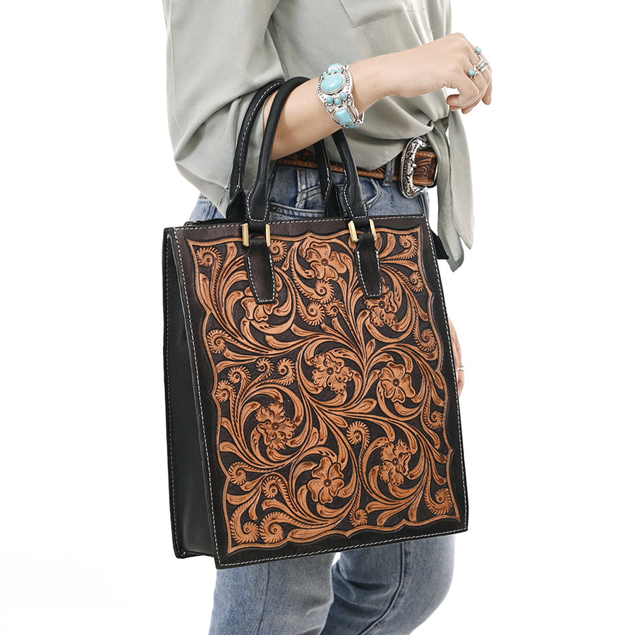 American Darling Hand Tooled Floral Carved Vegetable-Tanned Full Grain Genuine Leather Tote Bag with YKK Zipper