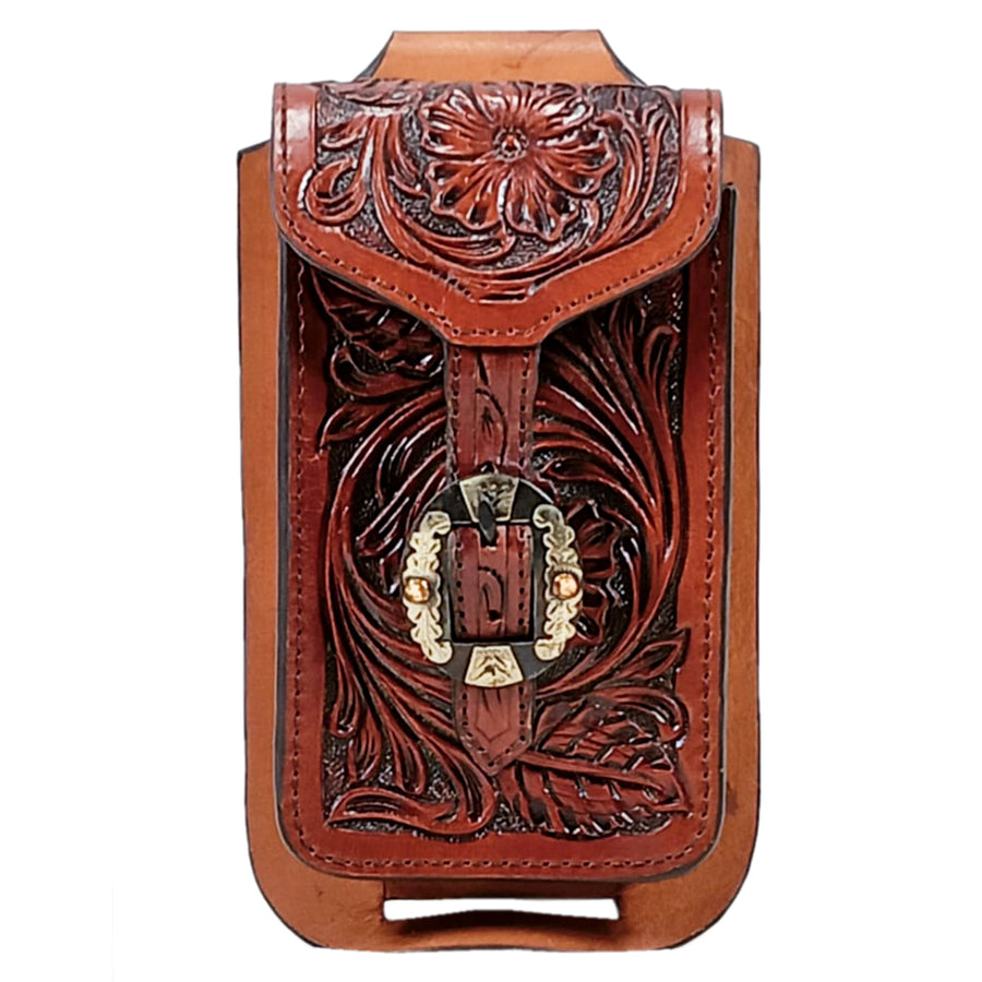 Hilason Western Horse Genuine Leather Cell Phone Case Brown With Gorgeous Floral Hand Carved - Uhorse