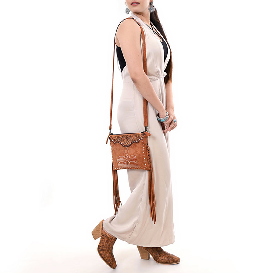 American Darling Western Leather Cross Body Bag – Hand-Tooled Accents, Fringes, Premium Genuine Suede Leather, Compact Everyday Boho Western Purse