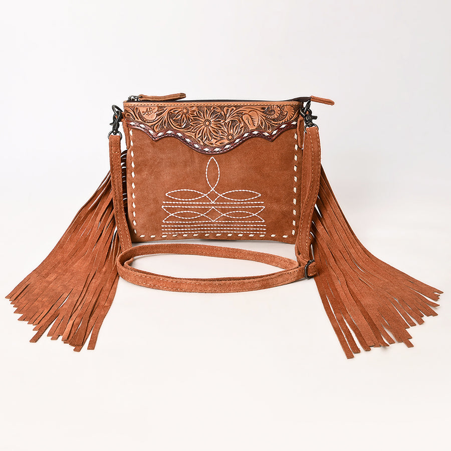 American Darling Western Leather Cross Body Bag – Hand-Tooled Accents, Fringes, Premium Genuine Suede Leather, Compact Everyday Boho Western Purse
