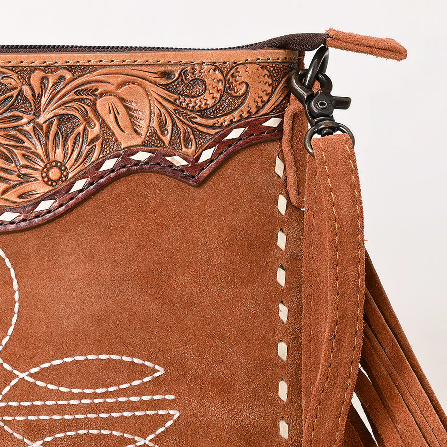 American Darling Western Leather Cross Body Bag – Hand-Tooled Accents, Fringes, Premium Genuine Suede Leather, Compact Everyday Boho Western Purse