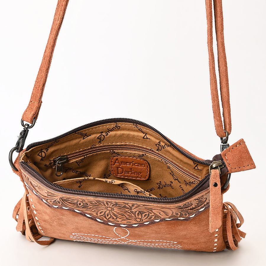 American Darling Western Leather Cross Body Bag – Hand-Tooled Accents, Fringes, Premium Genuine Suede Leather, Compact Everyday Boho Western Purse