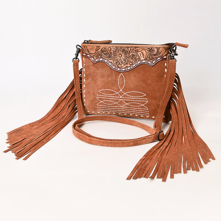 American Darling Western Genuine Suede Leather Cross Body Bag with Fringes and Hand-Tooled Accents - Uhorse