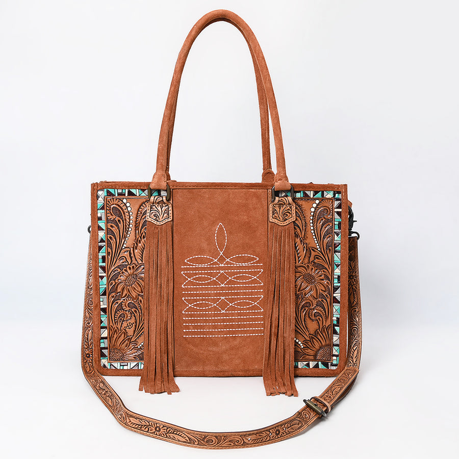 American Darling Western Leather Tote Bag – Genuine Tooled Panels, Fringe Accents, Spacious Design, Premium Craftsmanship