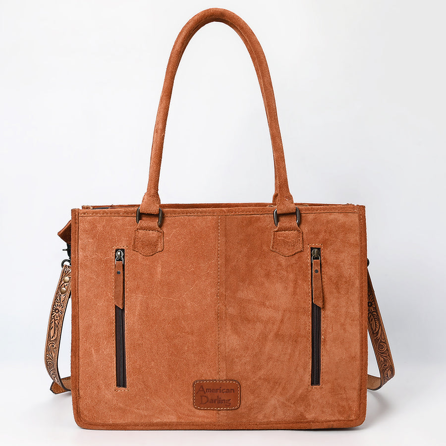 American Darling Western Leather Tote Bag – Genuine Tooled Panels, Fringe Accents, Spacious Design, Premium Craftsmanship
