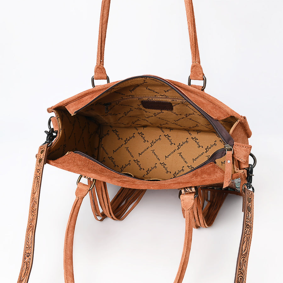 American Darling Western Leather Tote Bag – Genuine Tooled Panels, Fringe Accents, Spacious Design, Premium Craftsmanship