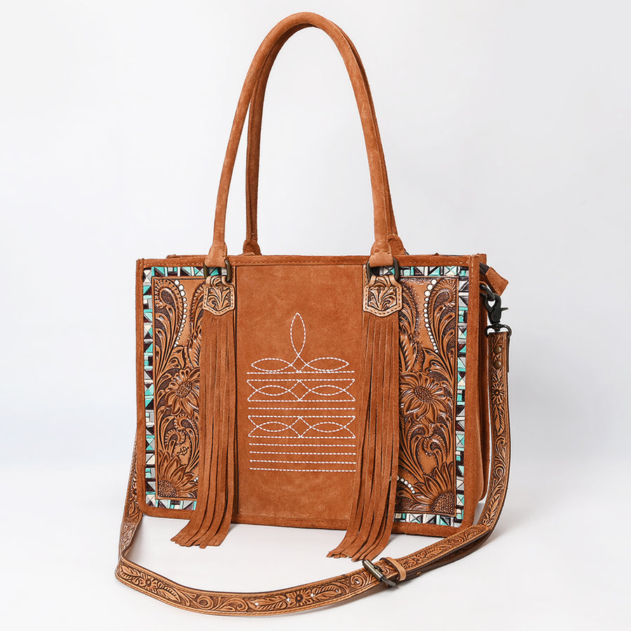 Cognac leather shoulder bag with tooled sides and fringe - Uhorse