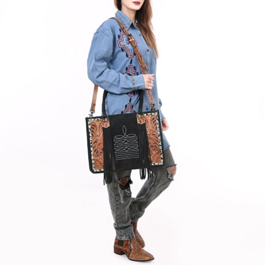 American Darling Western Leather Tote Bag – Genuine Tooled Panels, Fringe Accents, Spacious Design, Premium Craftsmanship
